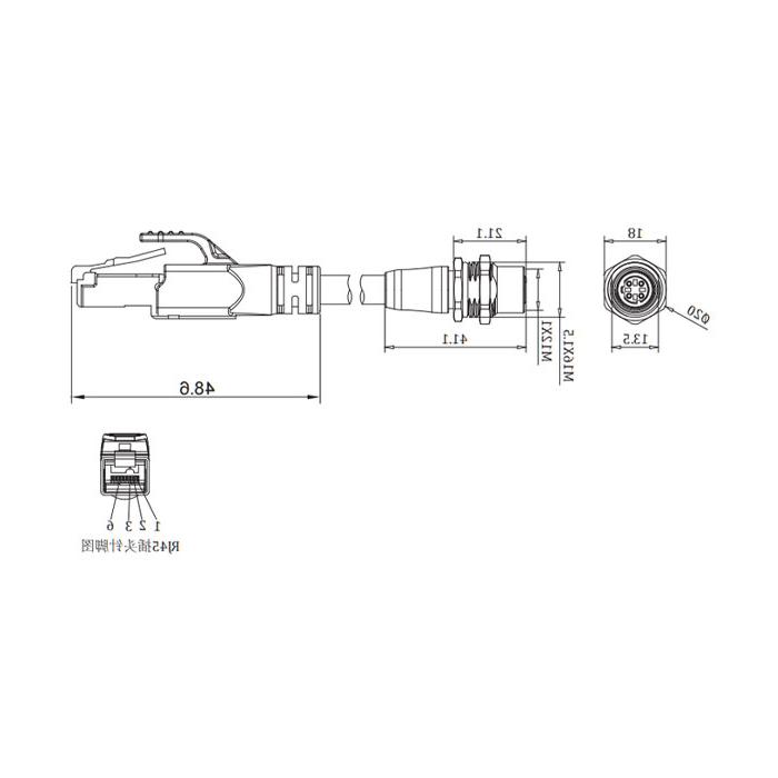 M12 4Pin panel flange female (D-coded) to RJ45 male straight, double-ended pre-cast PVC non-flexible cable, with shielding, green sheath, 0C3061-XXX