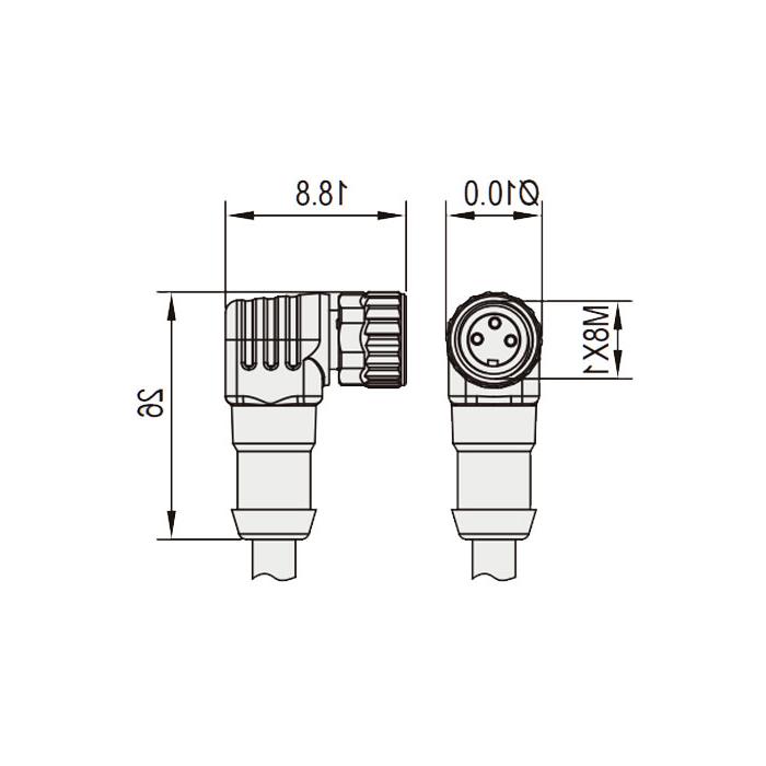 M8 3Pin, female 90°, with LED light, IP 69K-ECOLAB, food grade, single-end pre-cast PVC non-flexible cable, gray sheathed, 63E003-XXX